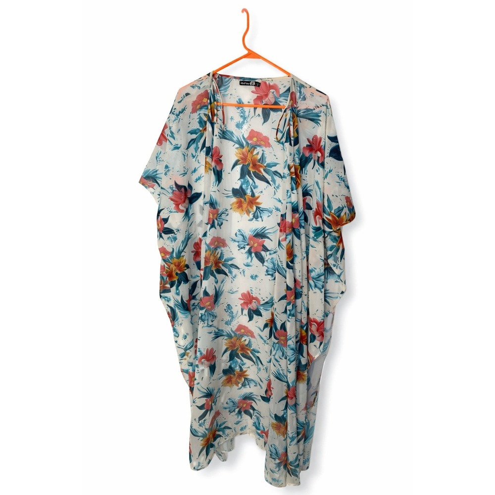 Tropical Floral Kimono Duster Size 12 Sheer Boho Beach Cover Up BooHoo